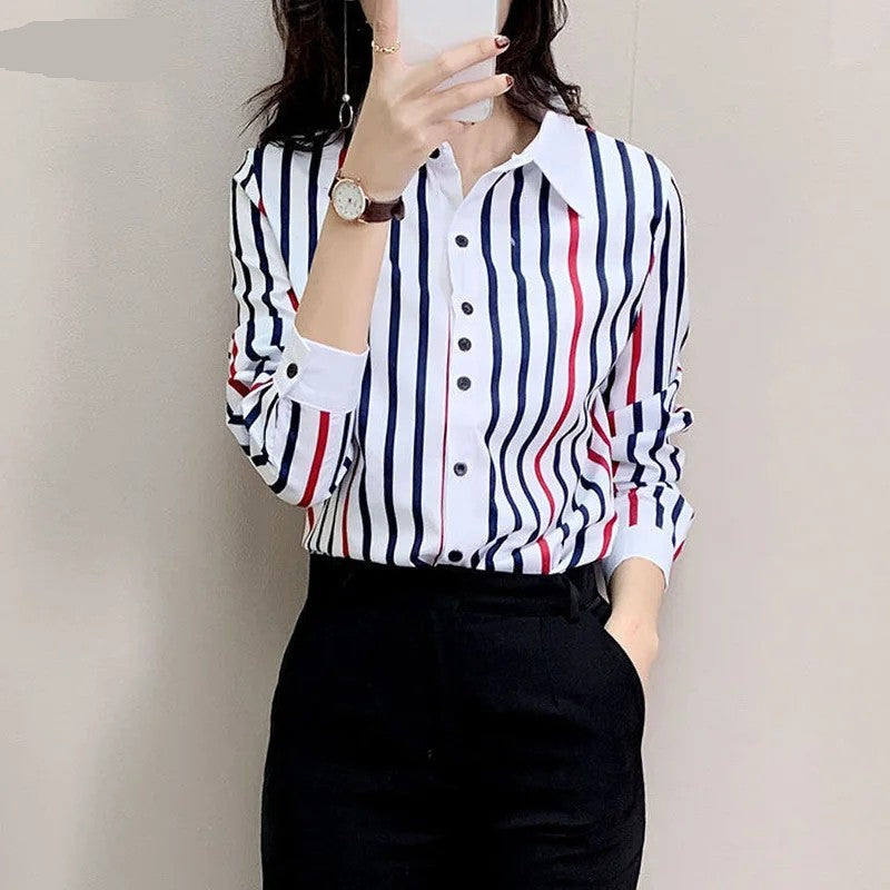 Kadın Çizgili Düğmeli Ofis Bluz – Bahar Yaz Şık Gömlek Modeli