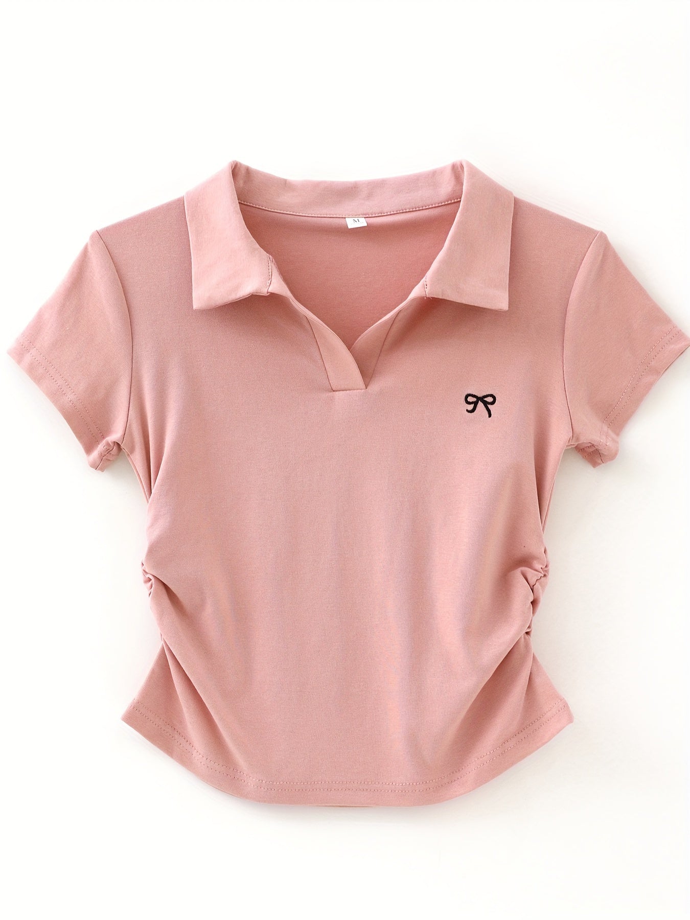 Kadın Pembe Kısa Kollu Kelebek Desenli Polo Yaka Tişört