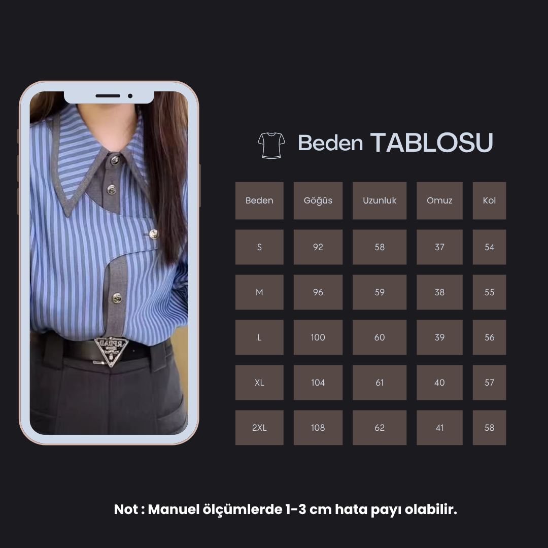 Kadın Çizgili Asimetrik Bluz – Bahar Retro Uzun Kollu Gömlek