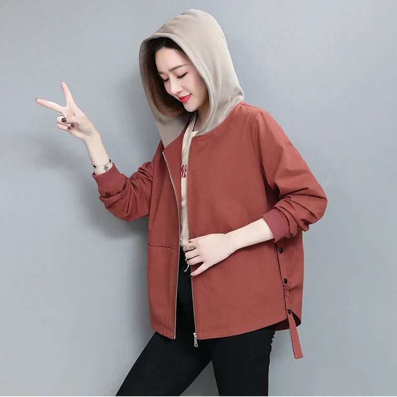 Kadın Oversize Çift Katmanlı Kapüşonlu Rüzgarlık - Bahar Sonbahar Kısa Loose Mont