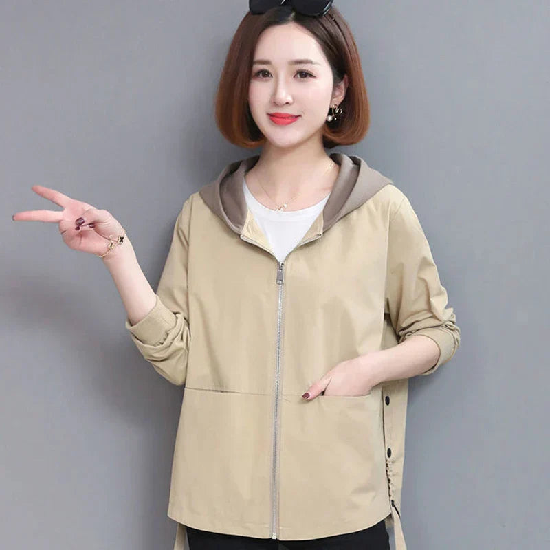 Kadın Oversize Çift Katmanlı Kapüşonlu Rüzgarlık - Bahar Sonbahar Kısa Loose Mont