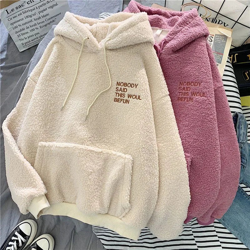 Kadın Kalın Peluş Kapüşonlu Sweatshirt - Preppy Tarzı Uzun Kollu Sıcak Kışlık Mont