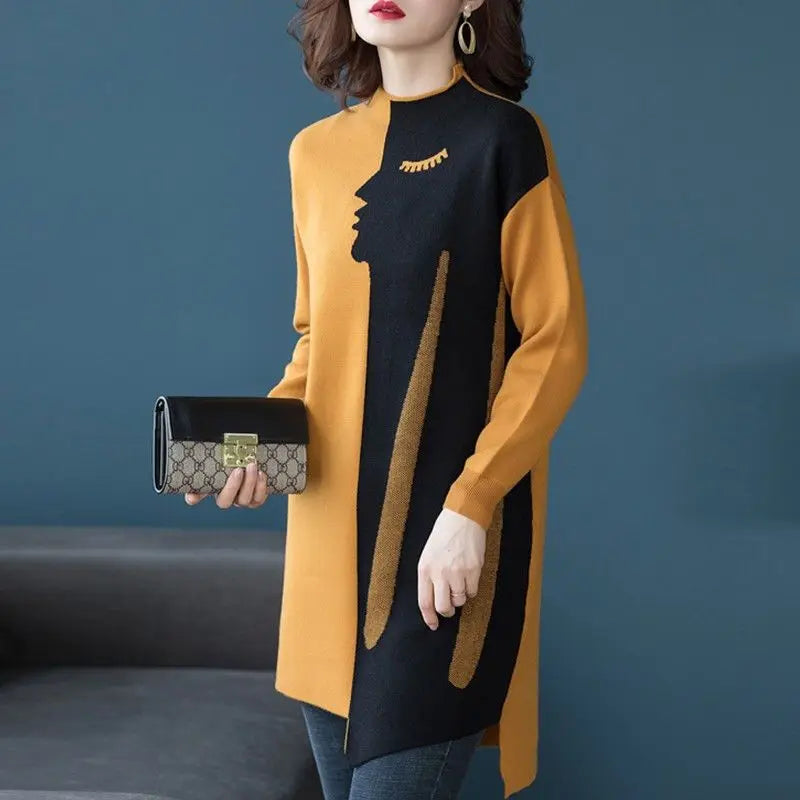 Kadın Yarım Balıkçı Yaka Düzensiz Örgü Midi Kazak - Sonbahar Kış Moda