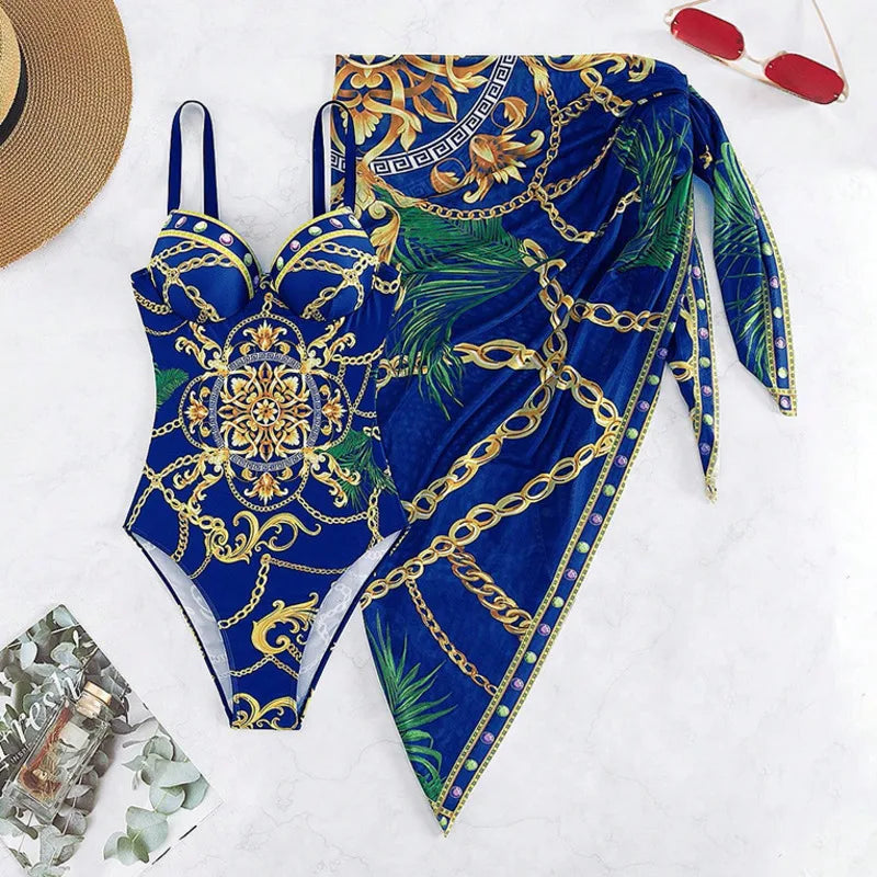 Kadın Tek Parça Seksi Mayo – Yazlık Desenli Kapalı Push-Up Mayo