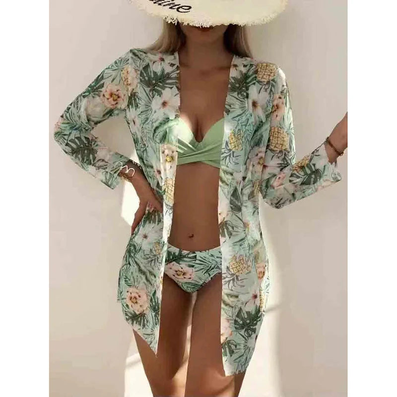 Kadın Çiçek Desenli 3 Parça Bikini Takımı – Düşük Bel, Uzun Kollu Cover-Up, Destekli Yazlık Mayo Seti