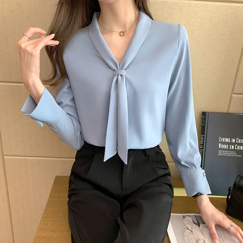 Sonbahar Uzun Kollu Chiffon Bluz - Fiyonklu V-Yaka Ofis Kadını Bluzu