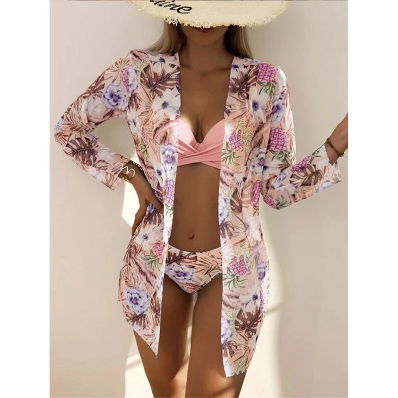 Kadın Çiçek Desenli 3 Parça Bikini Takımı – Düşük Bel, Uzun Kollu Cover-Up, Destekli Yazlık Mayo Seti