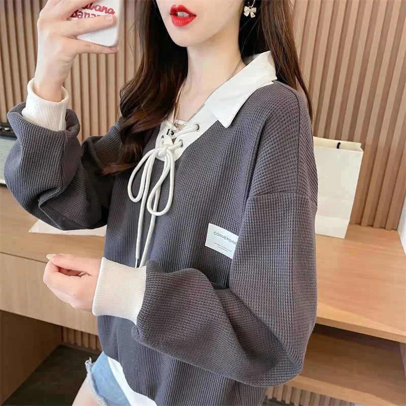 Kadın Waffle Desenli İnce Sweatshirt - Polo Yaka, İki Parça Görünümlü, Şık Günlük Üst