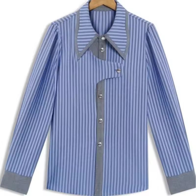 Kadın Çizgili Asimetrik Bluz – Bahar Retro Uzun Kollu Gömlek