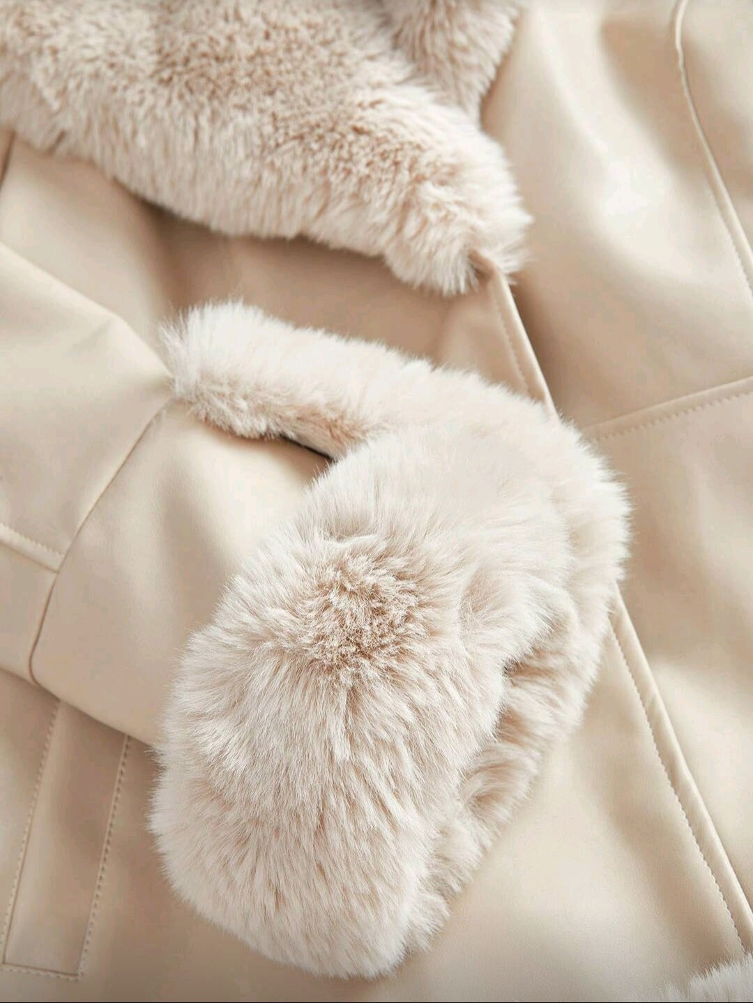 Kadın Kışlık Kürk Detaylı Şık Kaban – Bej Renk Kapüşonlu Model