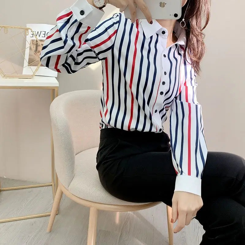 Kadın Çizgili Düğmeli Ofis Bluz – Bahar Yaz Şık Gömlek Modeli