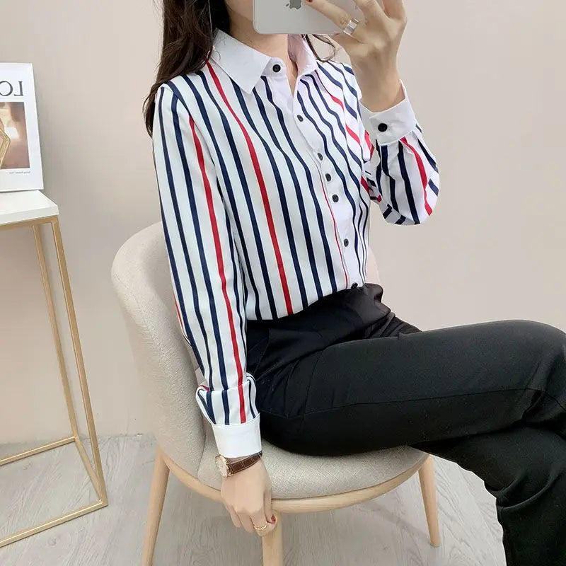 Kadın Çizgili Düğmeli Ofis Bluz – Bahar Yaz Şık Gömlek Modeli