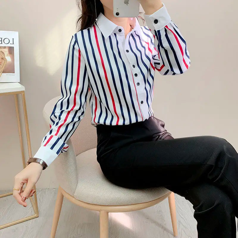 Kadın Çizgili Düğmeli Ofis Bluz – Bahar Yaz Şık Gömlek Modeli