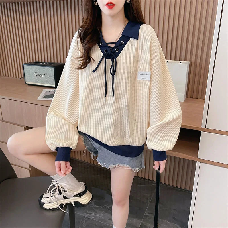 Kadın Waffle Desenli İnce Sweatshirt - Polo Yaka, İki Parça Görünümlü, Şık Günlük Üst