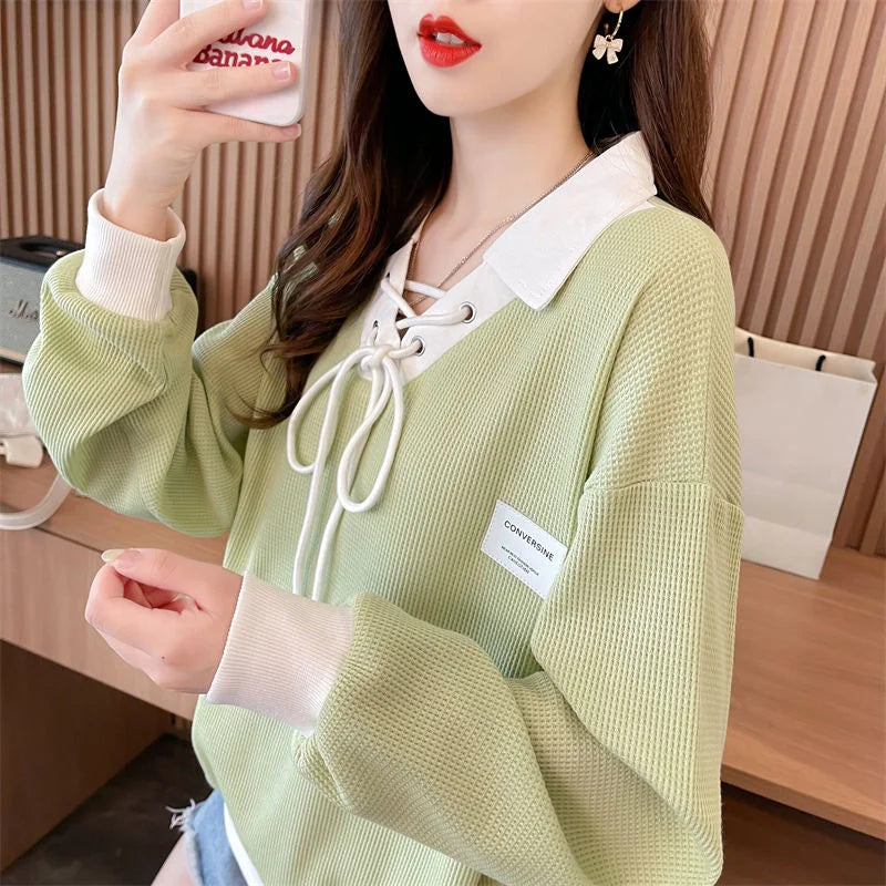 Kadın Waffle Desenli İnce Sweatshirt - Polo Yaka, İki Parça Görünümlü, Şık Günlük Üst