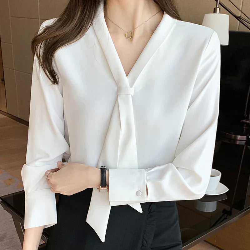 Sonbahar Uzun Kollu Chiffon Bluz - Fiyonklu V-Yaka Ofis Kadını Bluzu