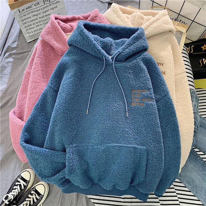 Kadın Kalın Peluş Kapüşonlu Sweatshirt - Preppy Tarzı Uzun Kollu Sıcak Kışlık Mont