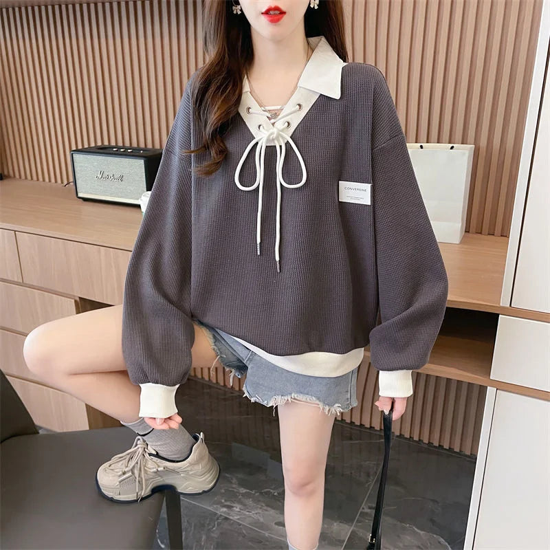 Kadın Waffle Desenli İnce Sweatshirt - Polo Yaka, İki Parça Görünümlü, Şık Günlük Üst