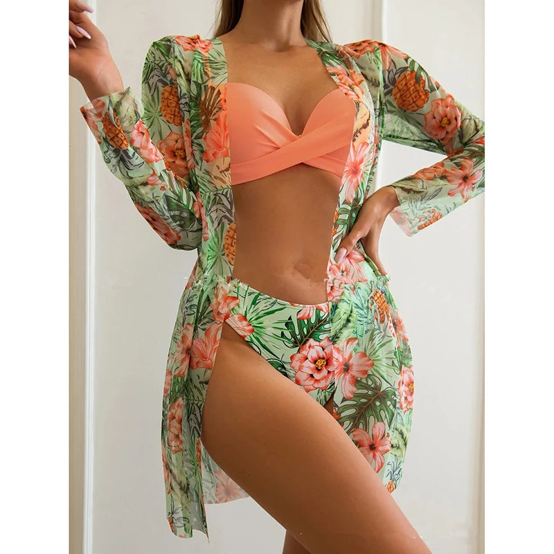 Kadın Çiçek Desenli 3 Parça Bikini Takımı – Düşük Bel, Uzun Kollu Cover-Up, Destekli Yazlık Mayo Seti