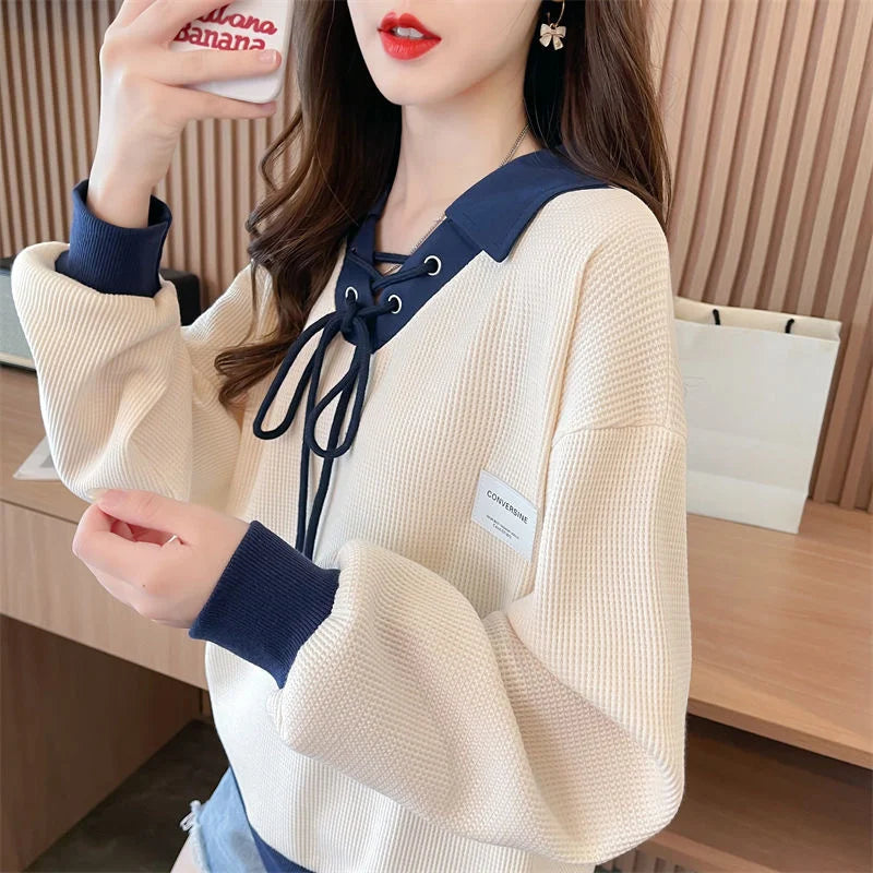 Kadın Waffle Desenli İnce Sweatshirt - Polo Yaka, İki Parça Görünümlü, Şık Günlük Üst