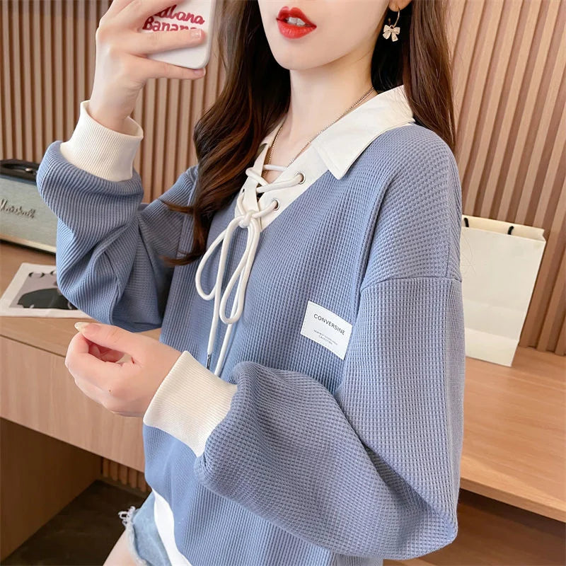 Kadın Waffle Desenli İnce Sweatshirt - Polo Yaka, İki Parça Görünümlü, Şık Günlük Üst