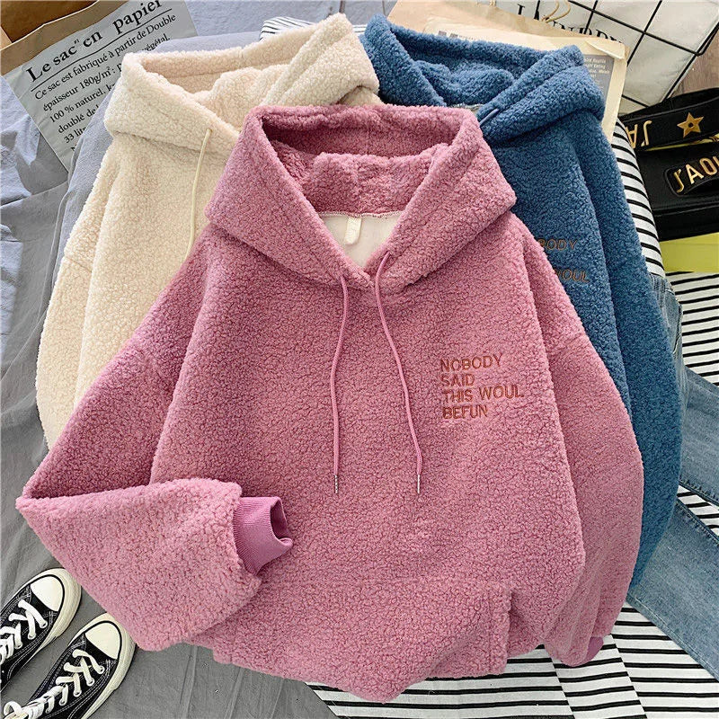 Kadın Kalın Peluş Kapüşonlu Sweatshirt - Preppy Tarzı Uzun Kollu Sıcak Kışlık Mont