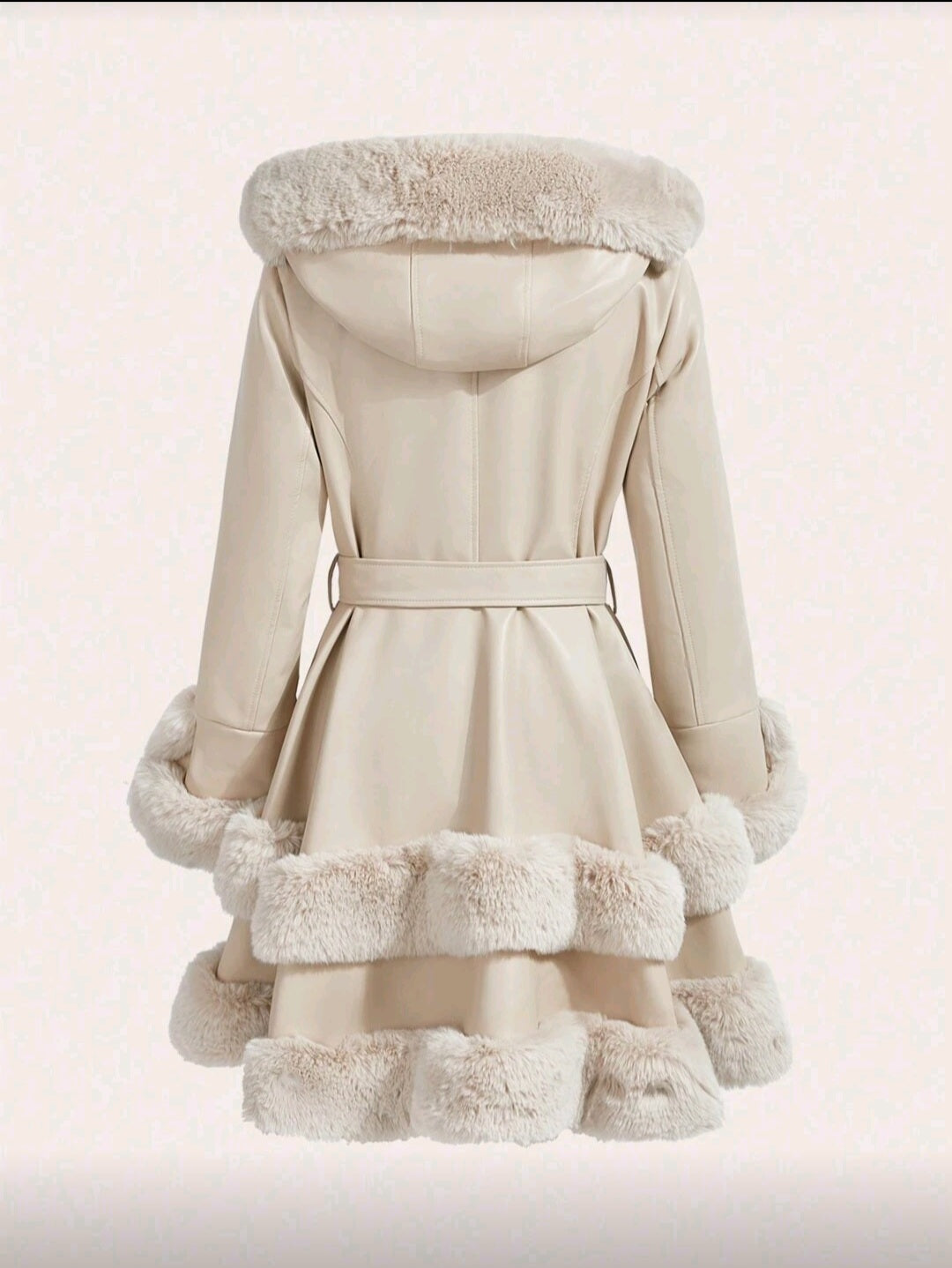 Kadın Kışlık Kürk Detaylı Şık Kaban – Bej Renk Kapüşonlu Model